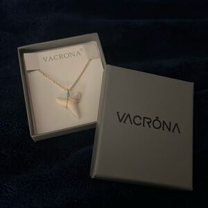 Shark tooth on a gold chain with turquoise bead accent.